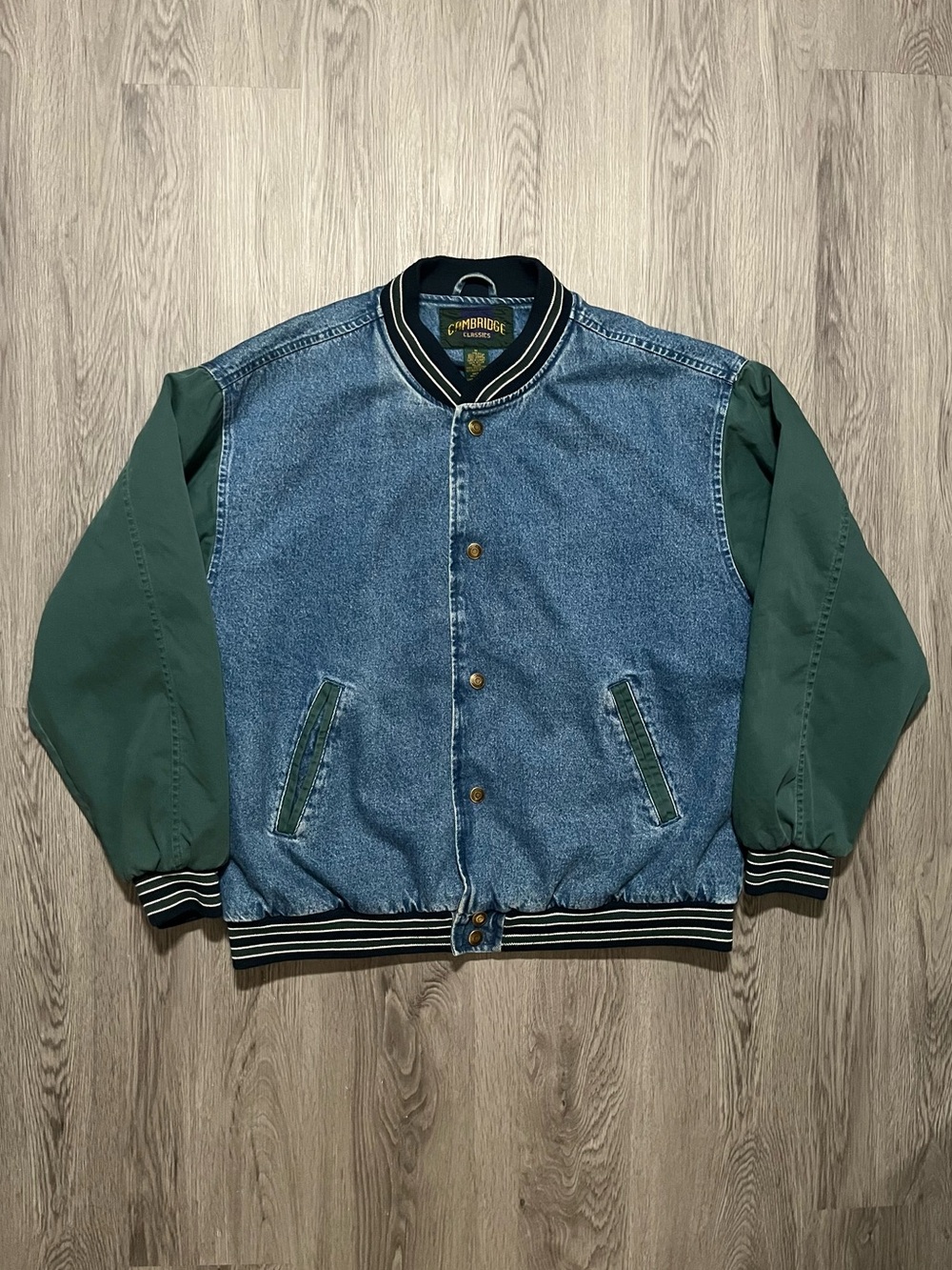 Vintage 90s Cambridge Classics denim green sleeve varsity snap button jacket M
